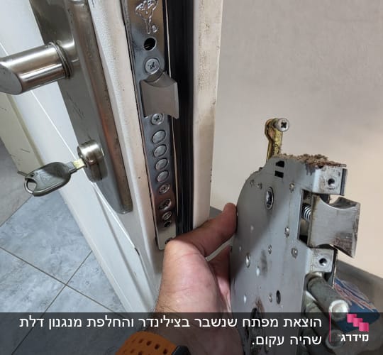 יד מחזיקה מנעול דלת פתוח עם מנגנון